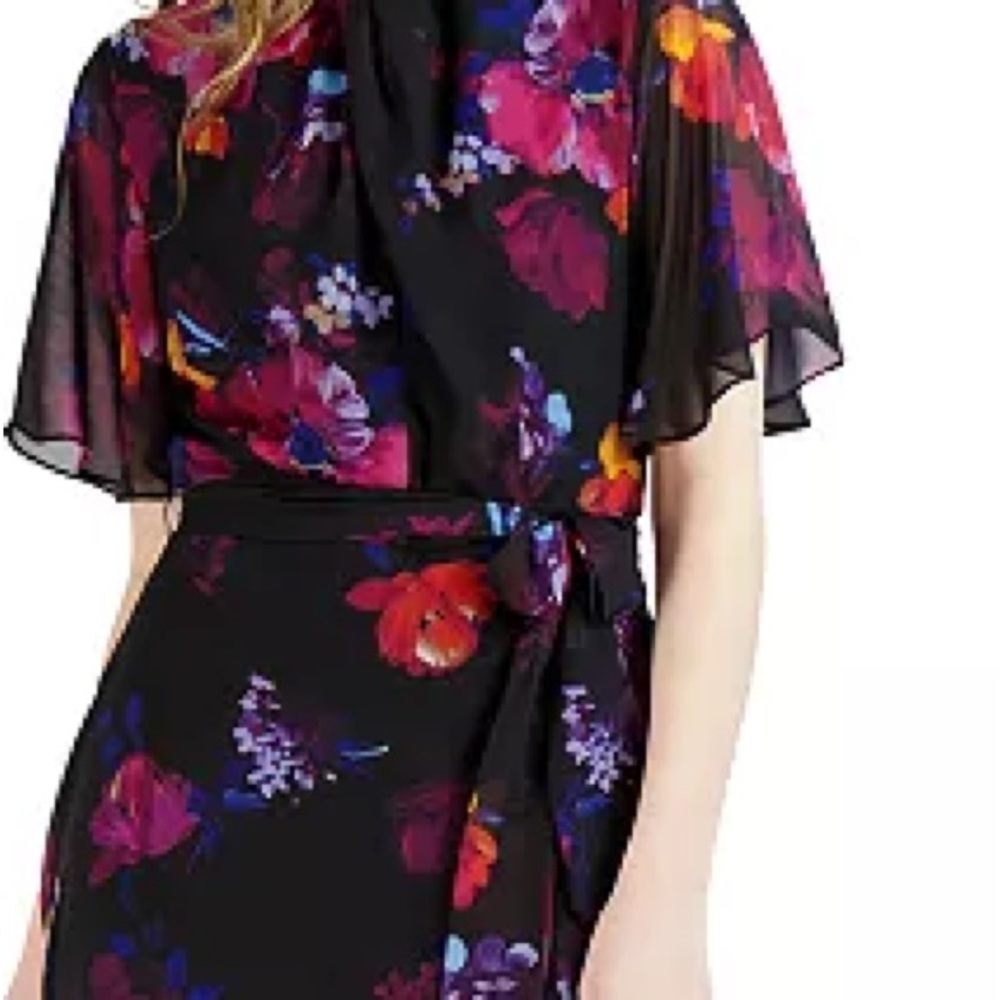 NWT DONNA RICCO Women's Floral-Print Belted Flutter-Sleeve Dress - Picture 4 of 7